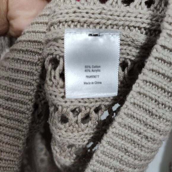ANA Open Knit Sweater Cotton/Acrylic Women Petite Size PL Tan/Brown Long Sleeve - Picture 5 of 6